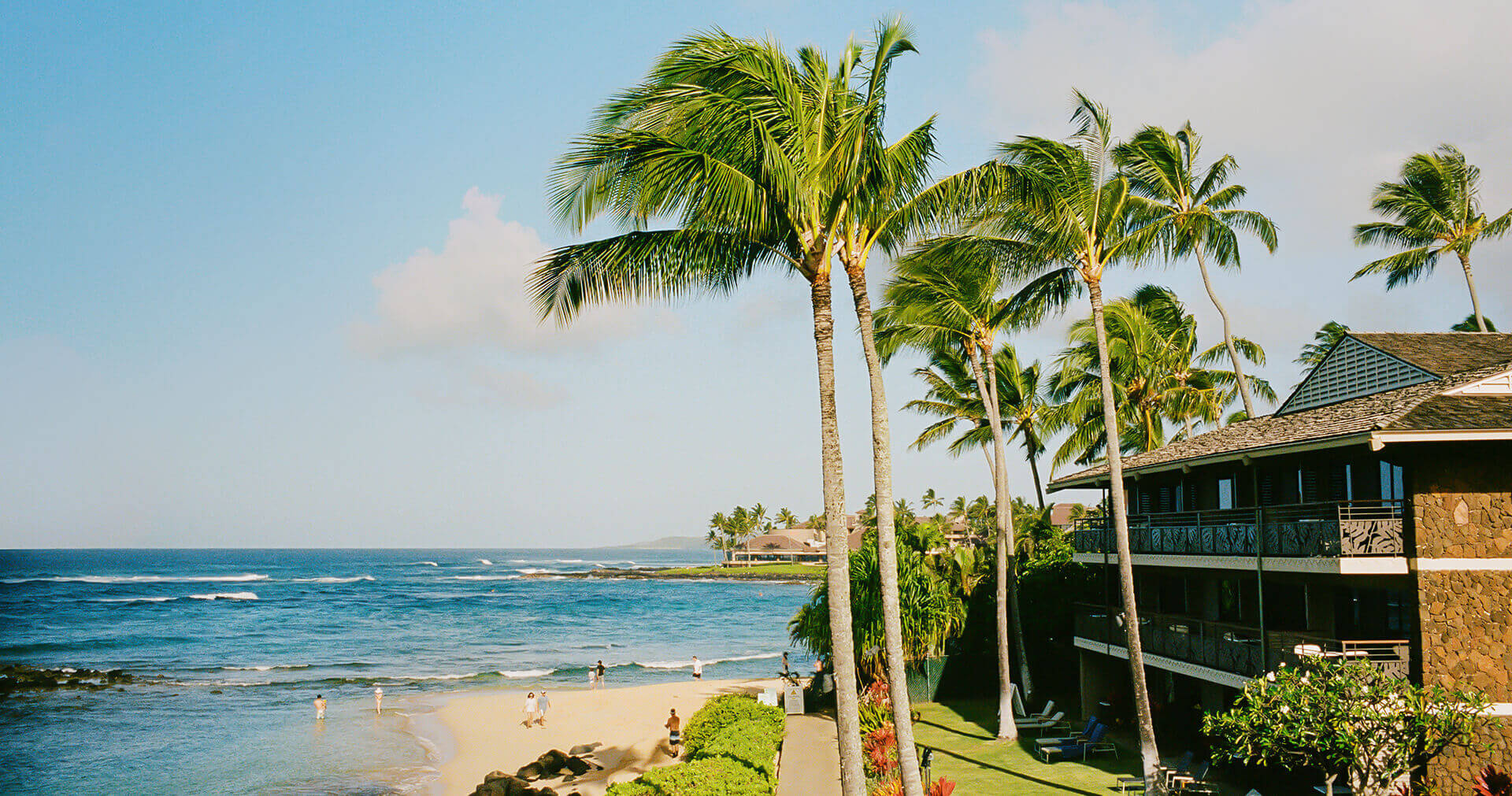 view of the beach with palm trees and partial view of the resort