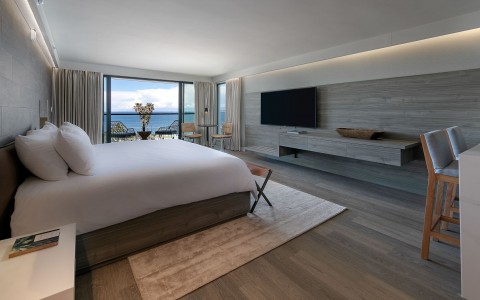 large room with ocean view rug and white bed