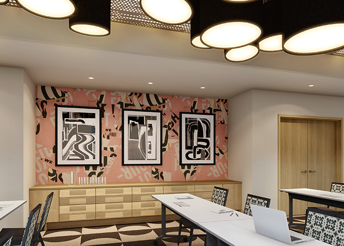 fusion meeting space with white black and pink wall and horizontal tables