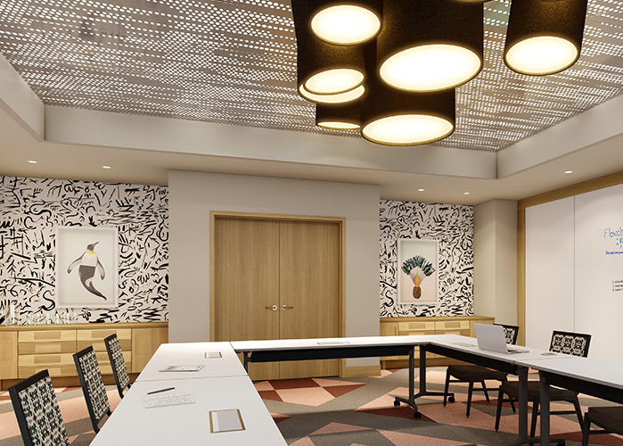 ignite meeting space with bright lighting and a patterned wall