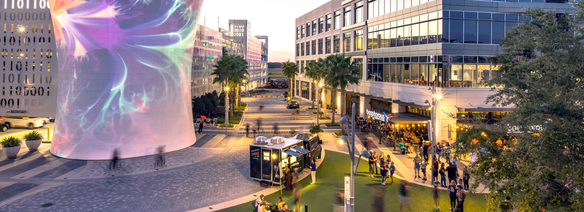 aerial view of lake nona town center at sunset