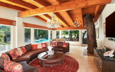 large living room area with large sectional couch and a tree trunk going through the building