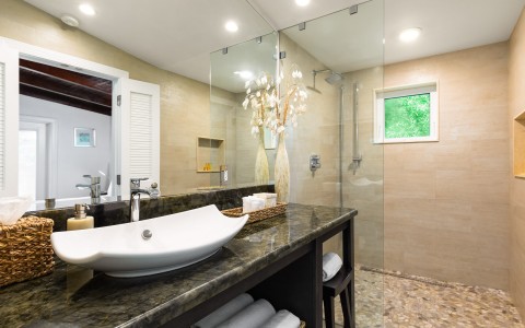 bathroom with walk in glass shower