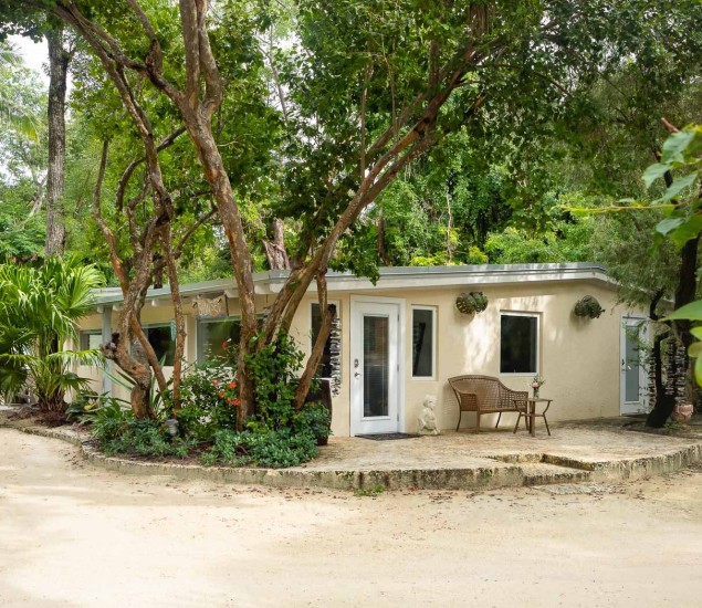 exterior of bungalow tucked behind trees