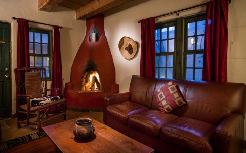 Casita Living Room Sofa, Coffee Table and Wood Burning Fireplace