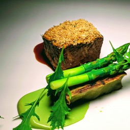 a thick piece of meat served with a side of asparagus