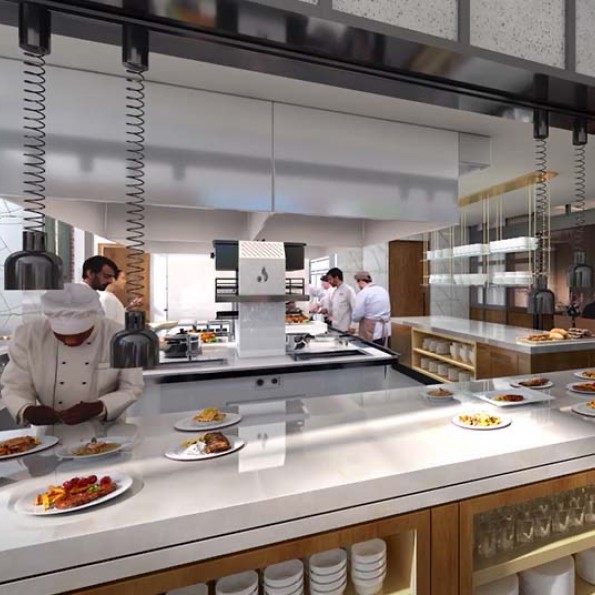 large and modern kitchen with over 5 chefs working on dishes preview