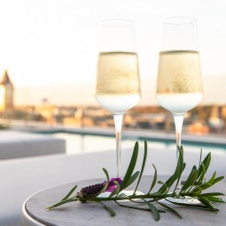 closeup of two champagne glasses with a view from the rooftop behind them