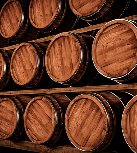 Distillery barrels stacked in rows