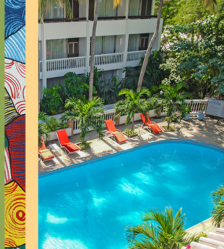 Overhead shot of pool surrounded by loungers and palm tree