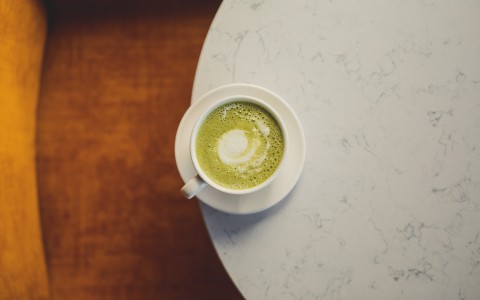 Top view of a matcha latte