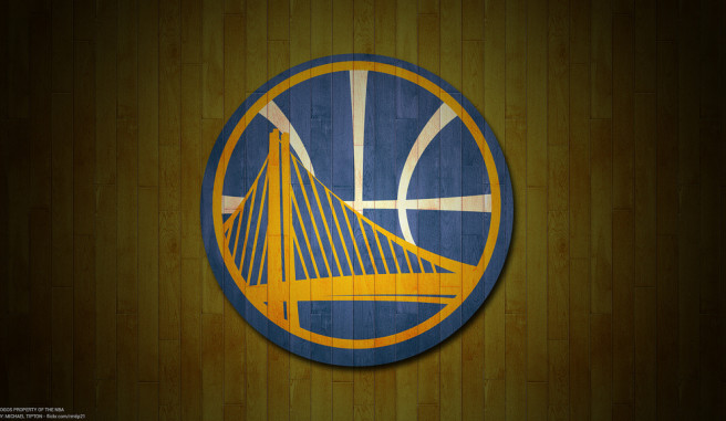 Golden State Warriors Patch against the brown hardwood