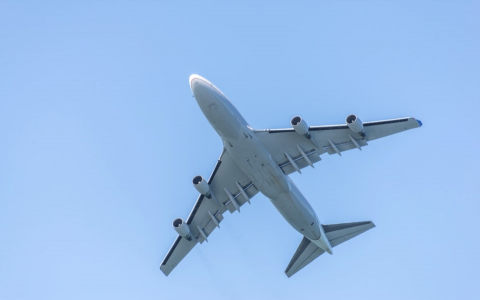 Underside of a jet flying against a blue sky