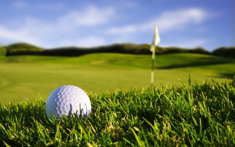golfball on the green with flag in background