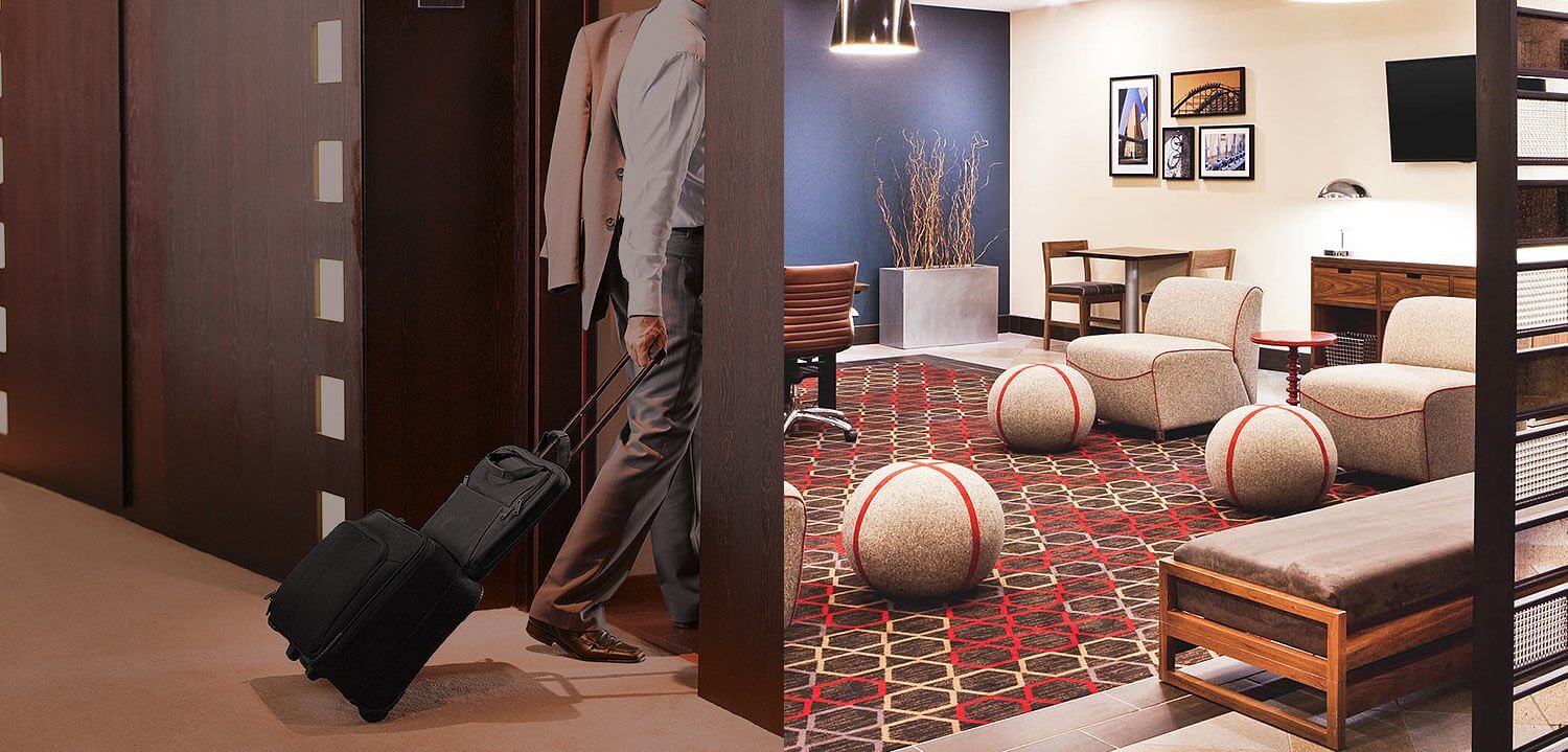 split image of a man entering the elevator with this luggage and the hotel lobby seating area header