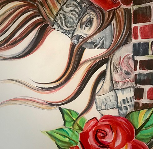 Painted wall mural of Lona bandeta lady with rose and brick wall