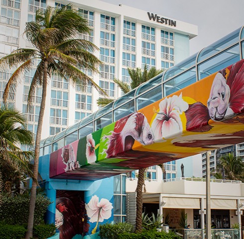 Close up angle of painted fish mural bridge and Westin Fort Lauderdale Beach Resort in background