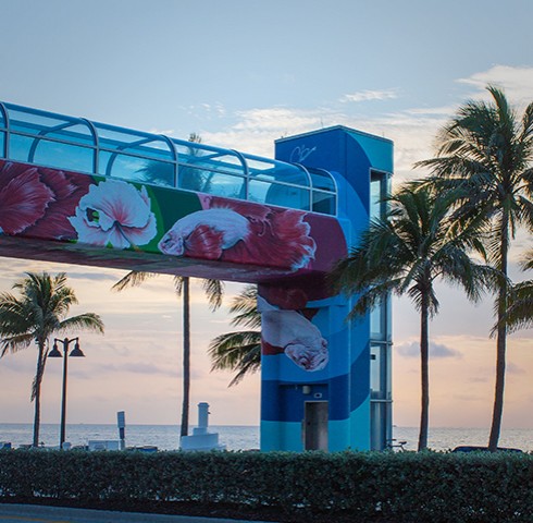 Shortened view of painted fish mural bridge at sunset with palm trees on the beach