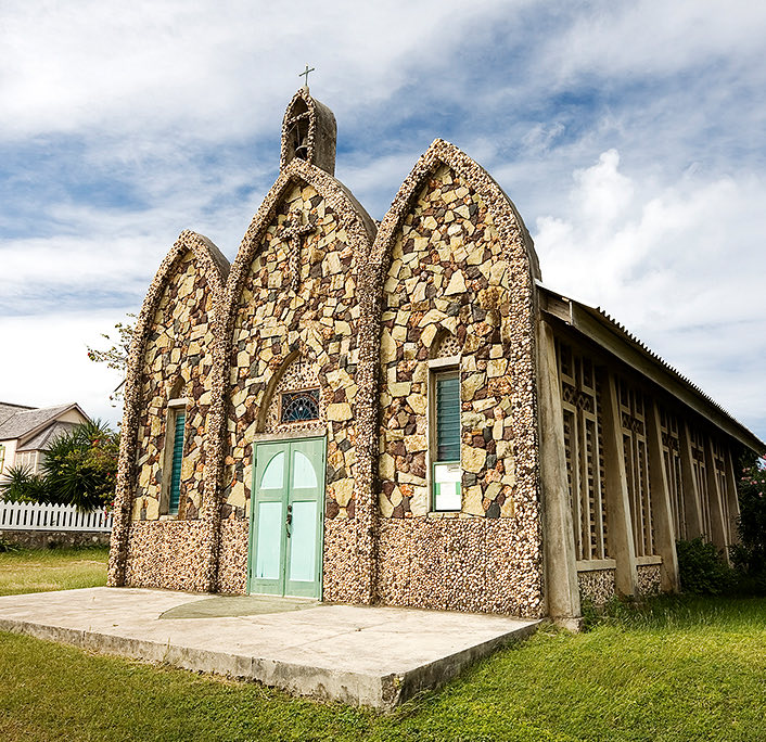 Front view of a cobbled church