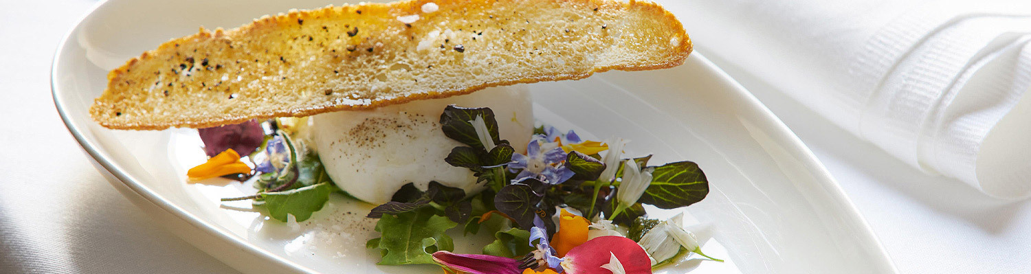 poached egg on a white oval plate with colorful garnishes