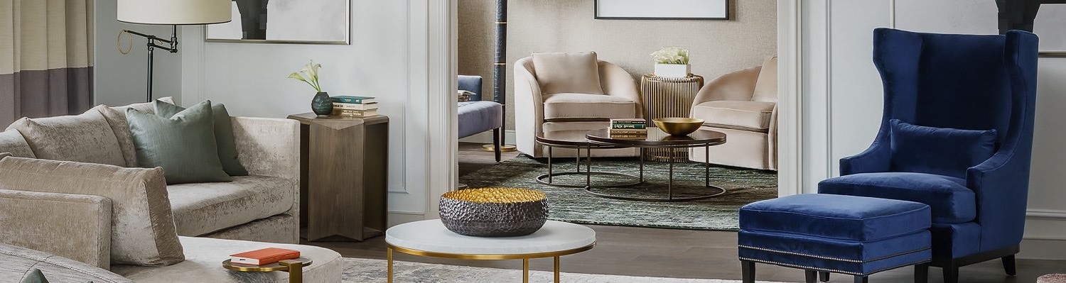 living room with blue and beige sofas