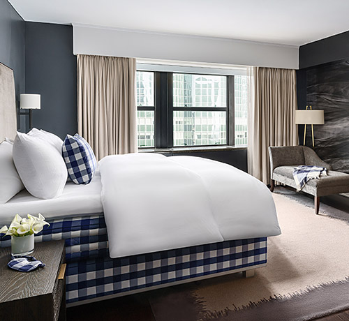 view of a suite with  blue and white checkered bedding