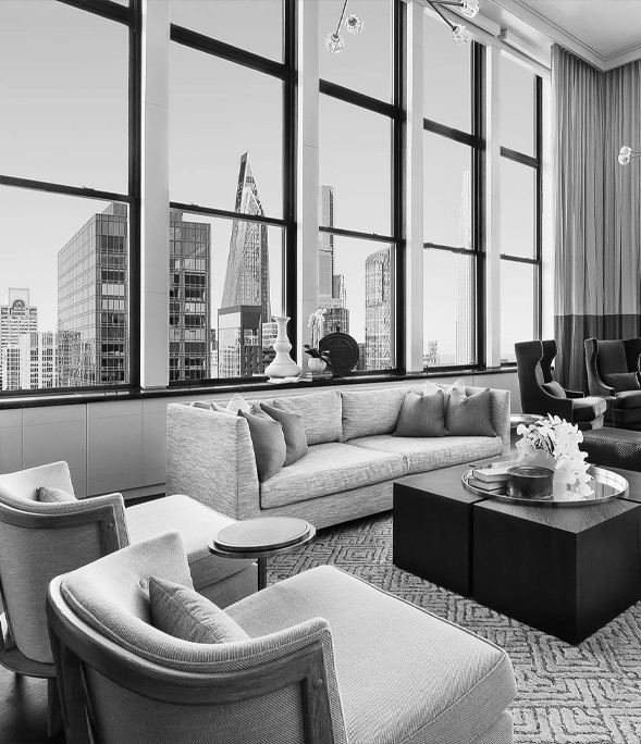 living room in penthouse black and white