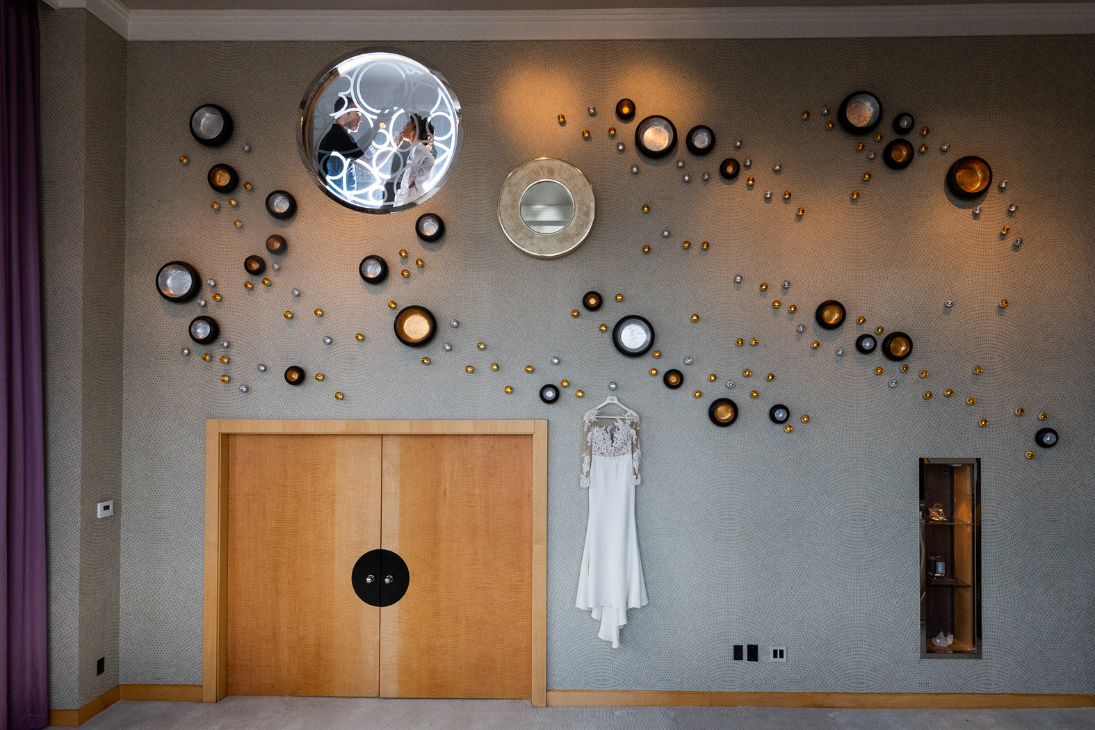 grey room with circle decor 