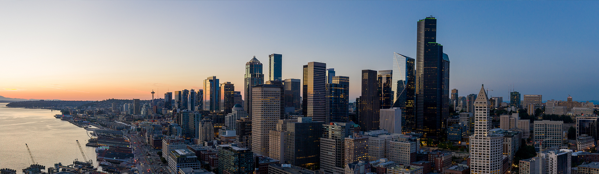view of some of Seattles city buildings during sunset