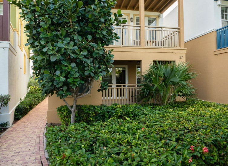 Brick pathways with greenery leading to building entrance