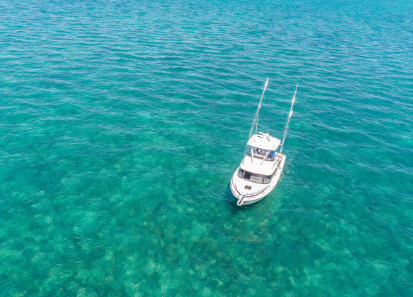 aerial view of a fishing boat over clear blue green water with a reef visible underneath