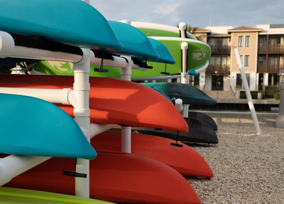 close up image of kayaks on shelf