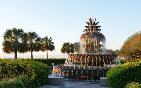 A large fountain with green bushes and trees all around it.