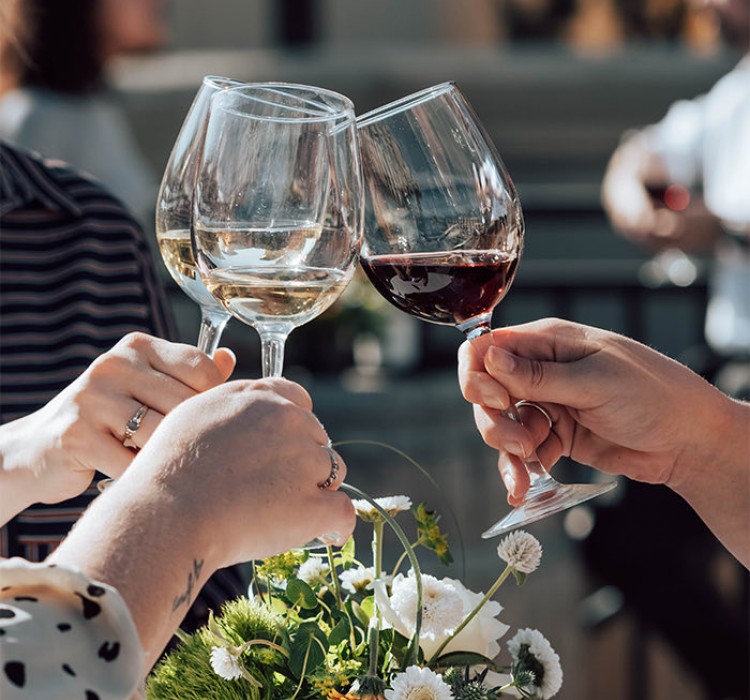 Three people toasting with glasses of wine 