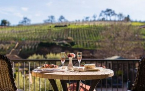 A set up table on a balcony facing the vineyard