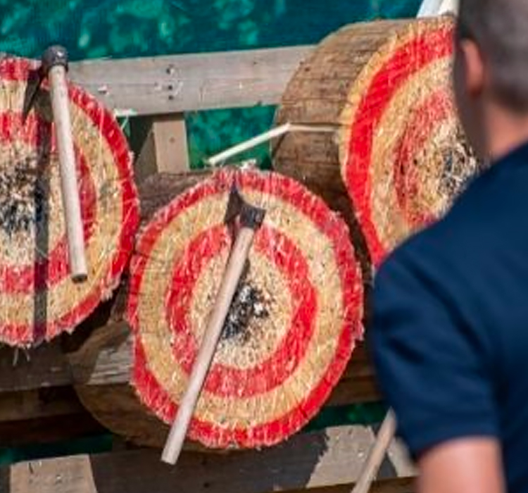 axe throwing bulleyes with axes stuck into