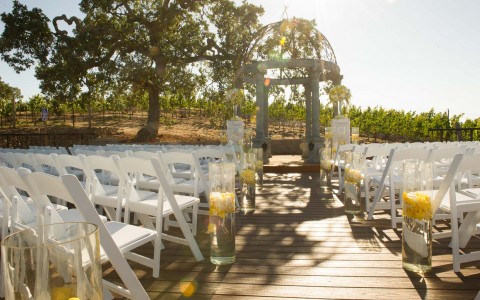 Boardwalk with chairs set up for a ceremony