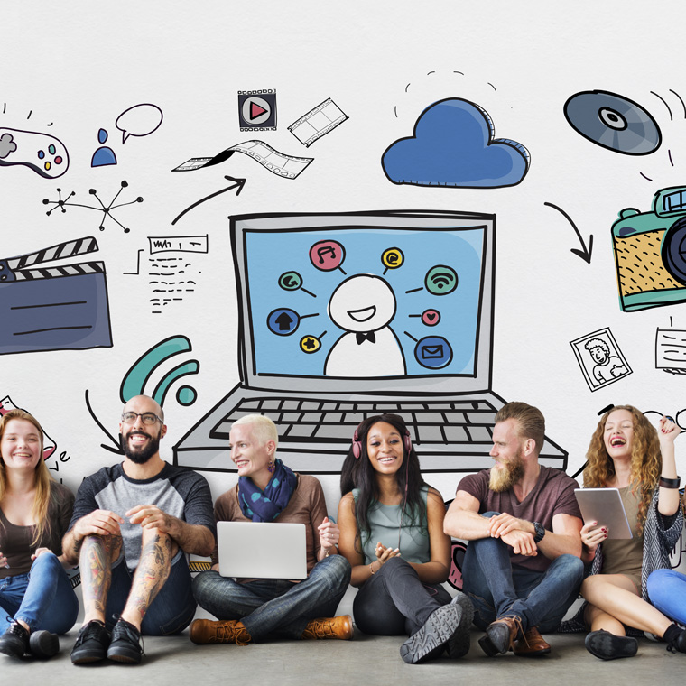 Group of people laughing with a graphic in the background