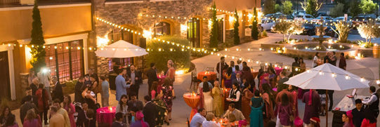 courtyard area decorated with lights
