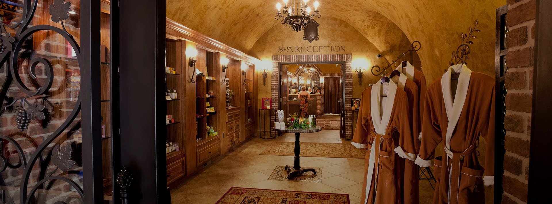 Meritage resort spa reception with robes at the entrance