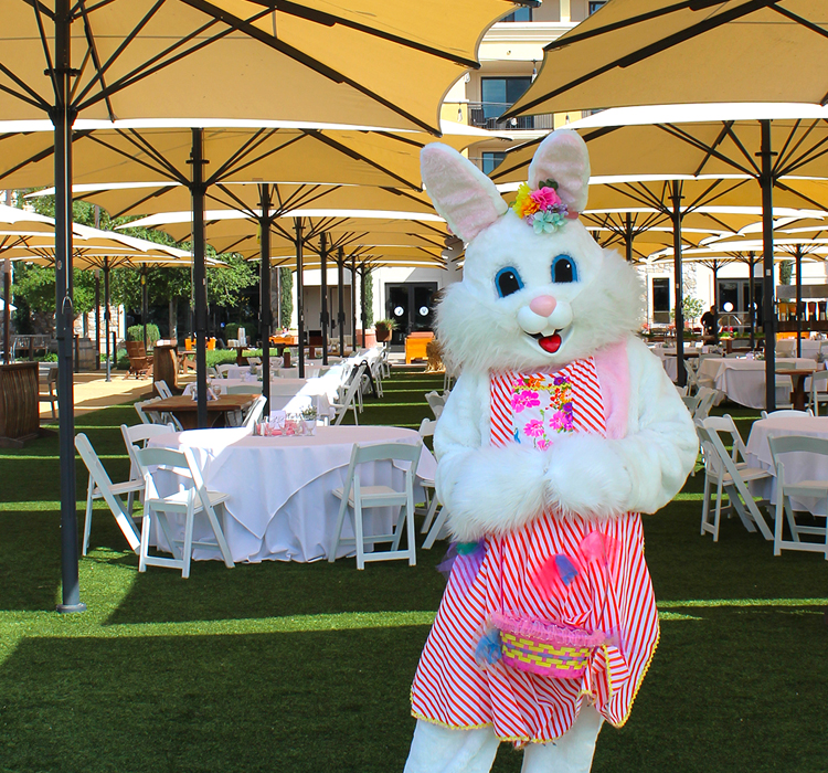 easter bunny standing in front of tables dressed for easter brunch