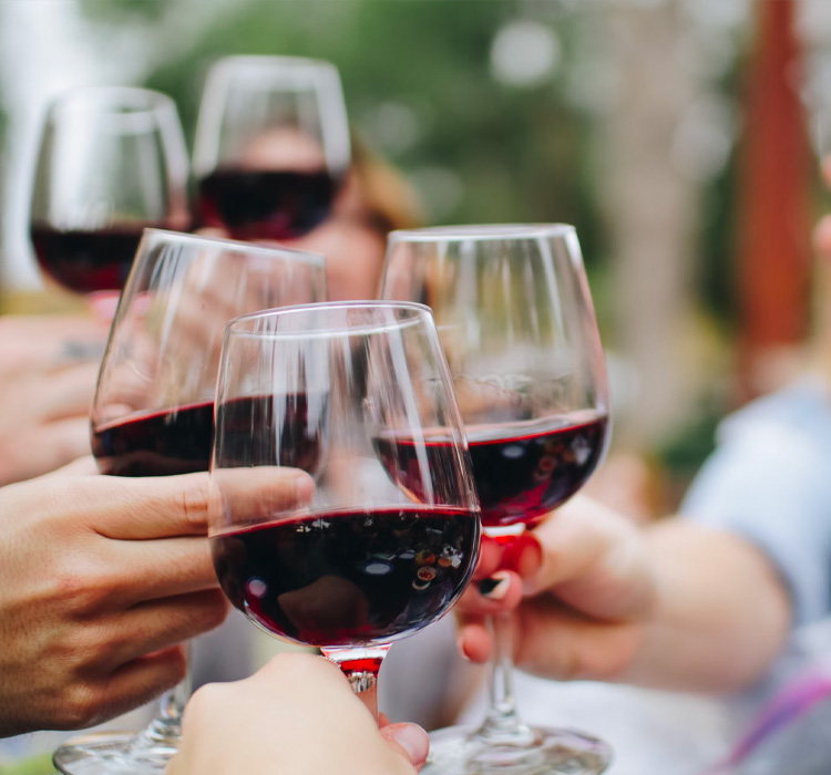 friends toasting wine glasses at an outdoor space