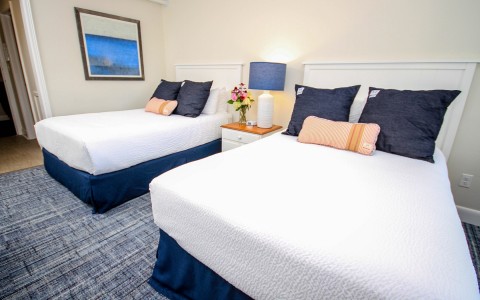 a room wit two beds, a frame and one lamp