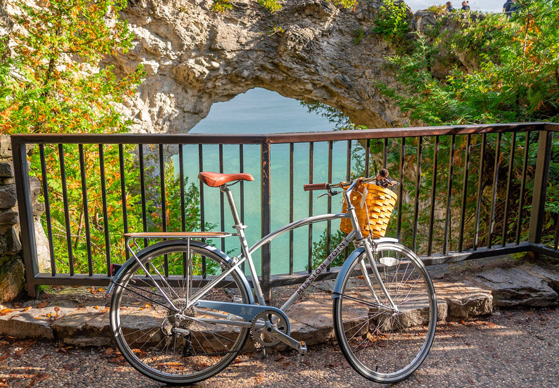 a blue bike with a basket in front of of a railing thats facing the ocean viewing a rock bridge surrounded by green plants