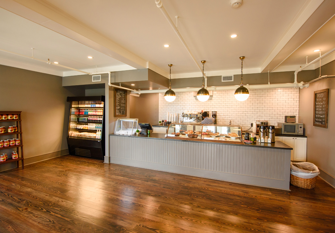 a room with a counter area to order food