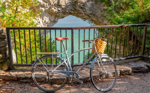 mission point bike with a basket on it in front of a guard rail