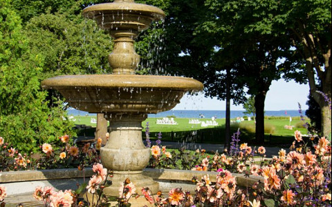 large fountain with flowers surrounding it