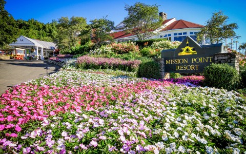spring flowers in front of the mission point entrance sign