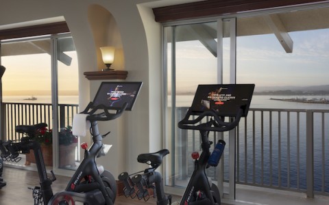 peloton bikes at the gym overlooking the ocean