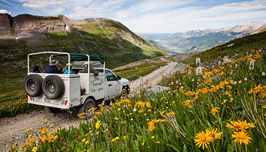a white truck driving on a rocky road with yellow flowers to the right and mountains in the distance